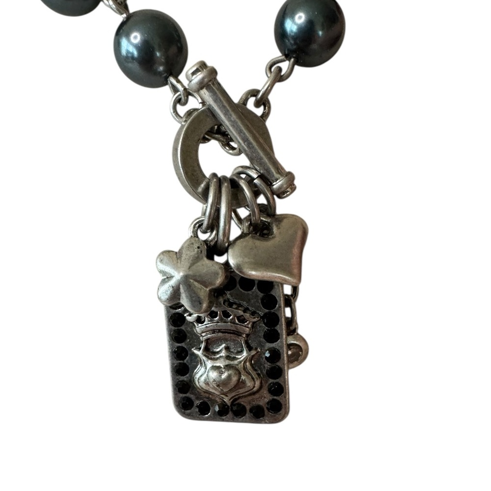 CAbi Heritage Gray Pearls Necklace Silver Charms Toggle Vintage Style Pendant - Picture 2 of 3